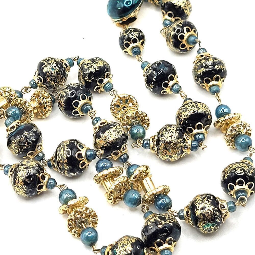 Vintage Bohemian Venetian Beaded Necklace Signed Hong Kong 26in